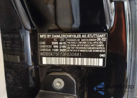 2003 Mercedes-Benz Sl 500 z USA, uszkodzony, nr VIN WDBSK75F73F030881